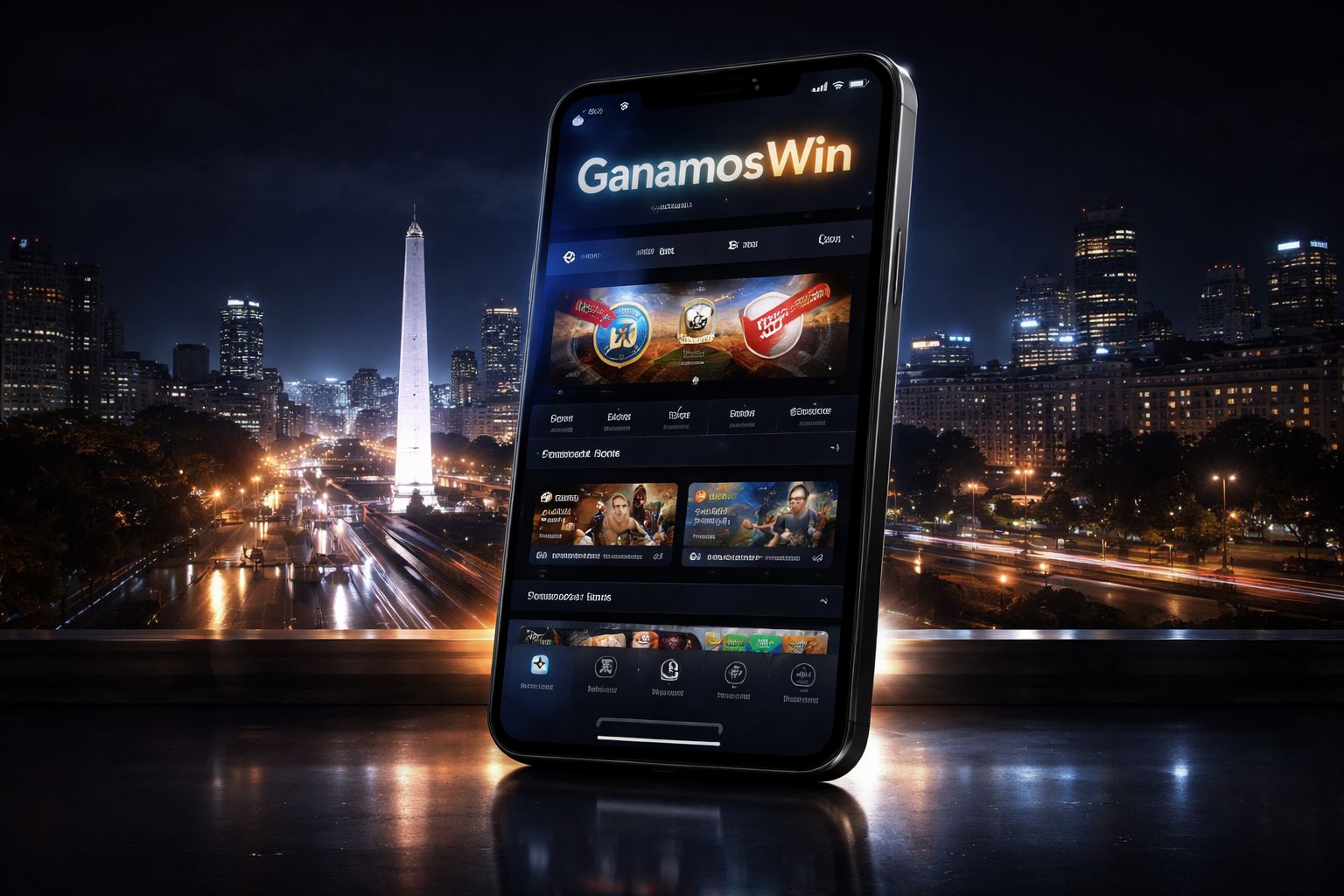 Smartphone mostrando la interfaz móvil de GanamosWin con secciones de casino y apuestas en un entorno elegante inspirado en Argentina.