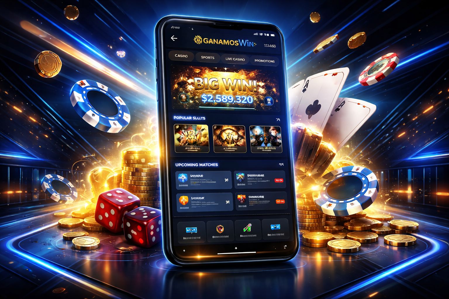 Dispositivo móvil moderno mostrando la instalación del APK GanamosWin y la interfaz de juego en un entorno digital pulido.