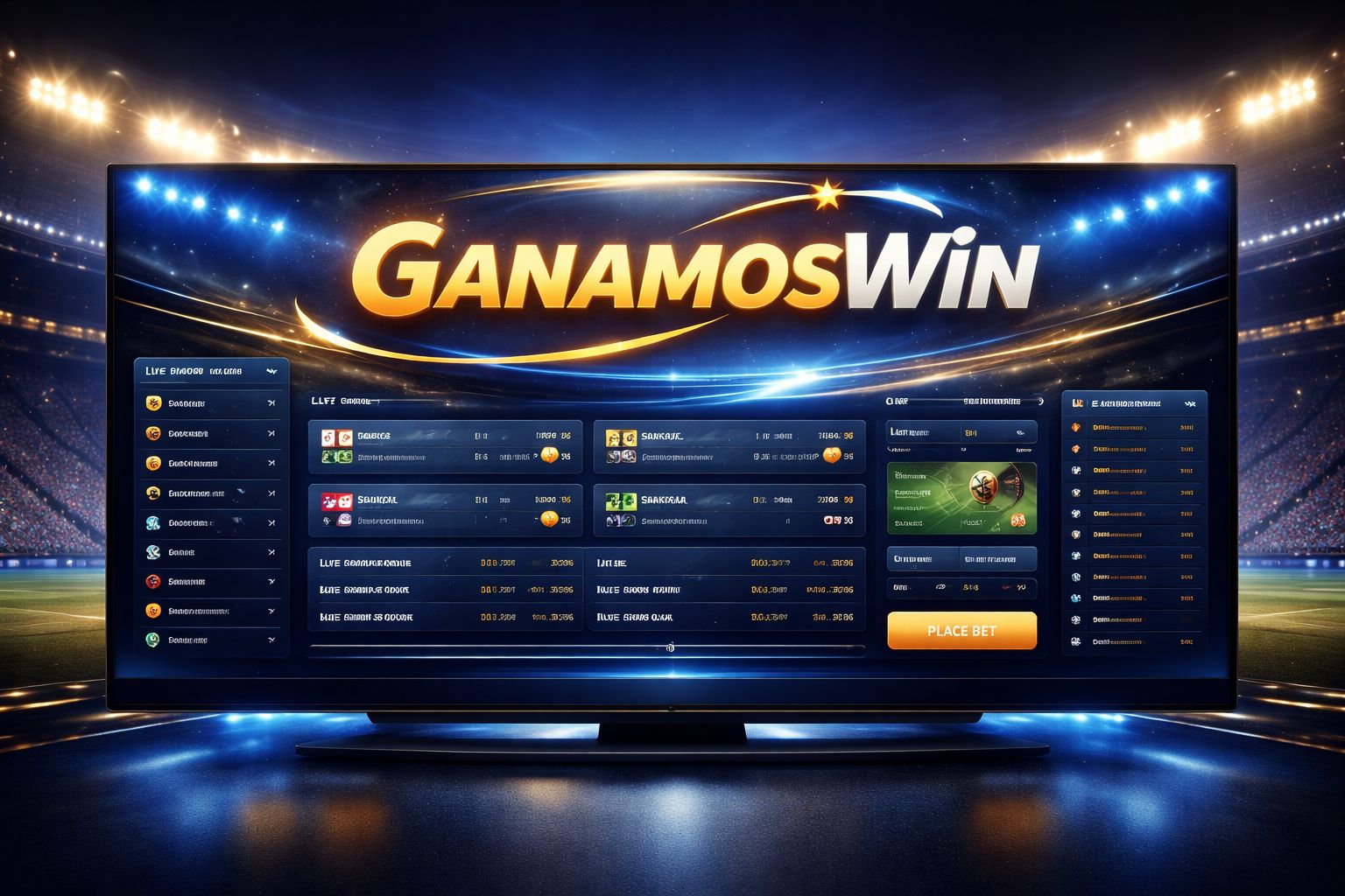 Plataforma de apuestas GanamosWin mostrada en una pantalla con iluminación de estadio y detalles deportivos en el fondo.
