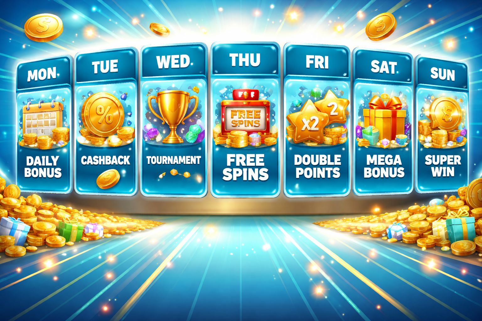 Calendario promocional para GanamosWin con reembolsos, recargas, torneos y eventos de giros gratis presentados en un diseño semanal colorido.