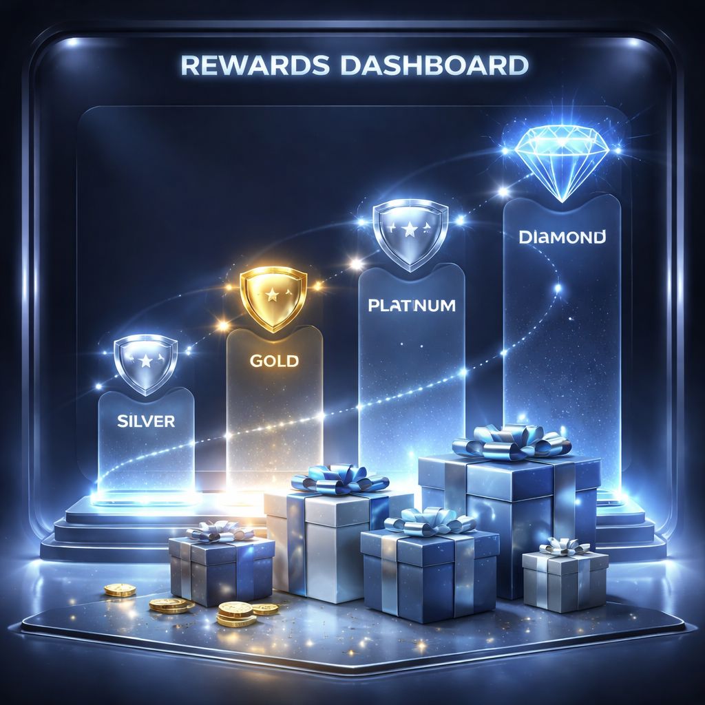 Panel de lealtad estilizado para GanamosWin mostrando niveles progresivos de recompensas, beneficios exclusivos y ventajas premium para jugadores.