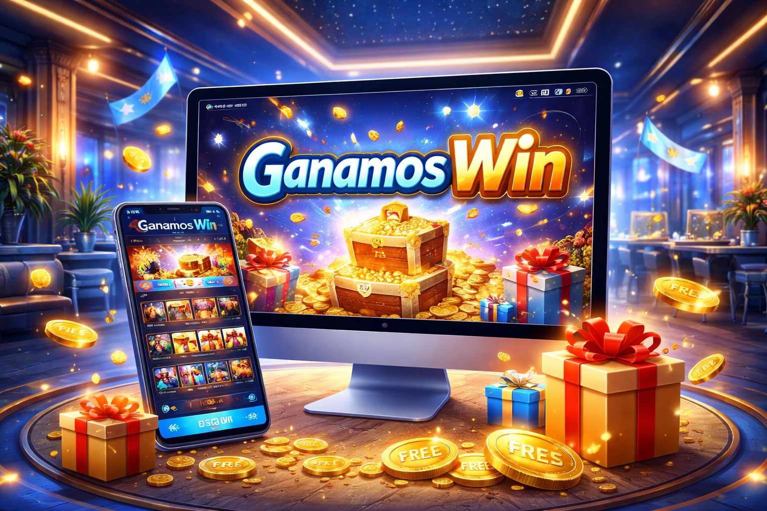 Banner promocional dinámico para GanamosWin mostrando recompensas de bienvenida, giros y ofertas recurrentes para jugadores en un diseño moderno de juegos.
