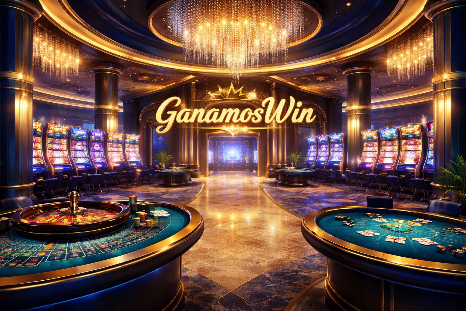 Lobby premium de GanamosWin Casino con mesas en vivo y exhibiciones vívidas de tragamonedas en un entorno digital elegante.