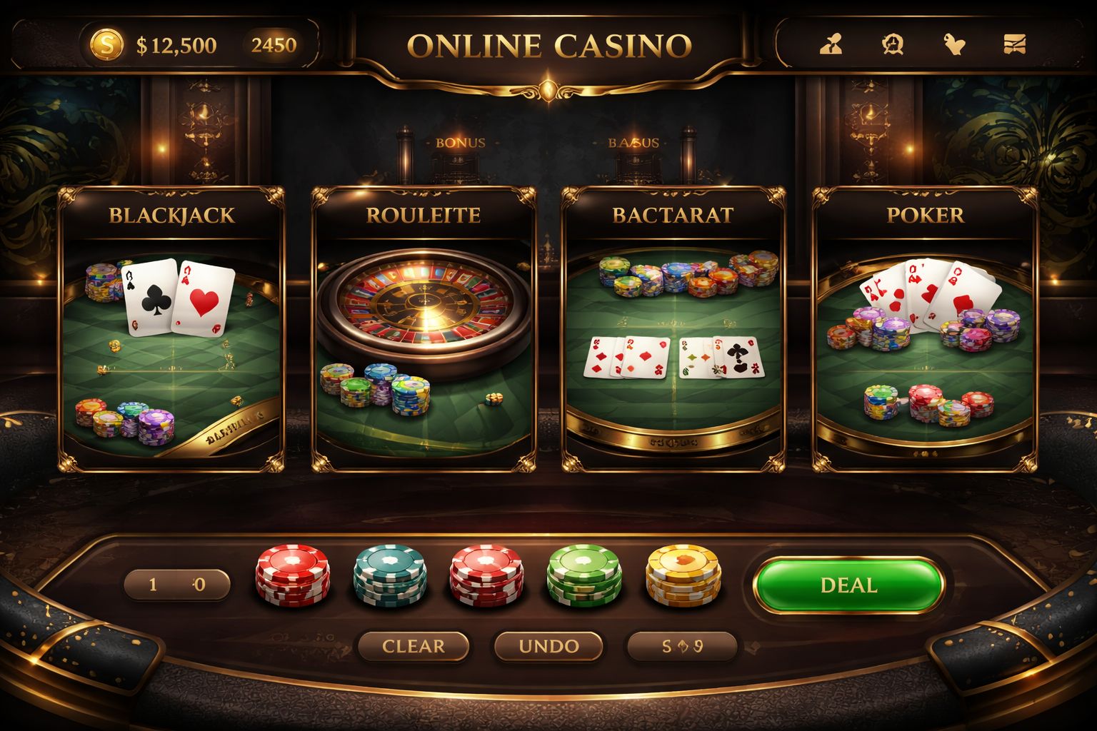 Escena estilizada de GanamosWin Casino mostrando un panel de jugador, juegos de mesa y opciones claras de apuestas.