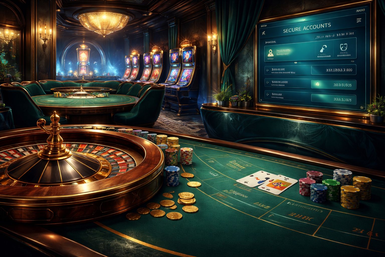 Elegante sala digital de casino de GanamosWin con ruleta, blackjack, tragamonedas y detalles pulidos de interfaz.