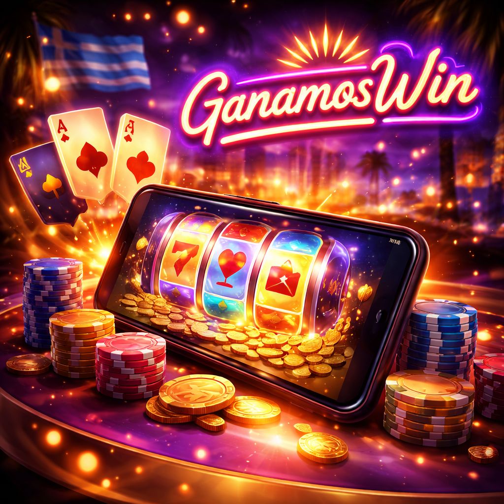 Escena colorida de juegos GanamosWin con rodillos brillantes, cartas, fichas y una atmósfera digital festiva
