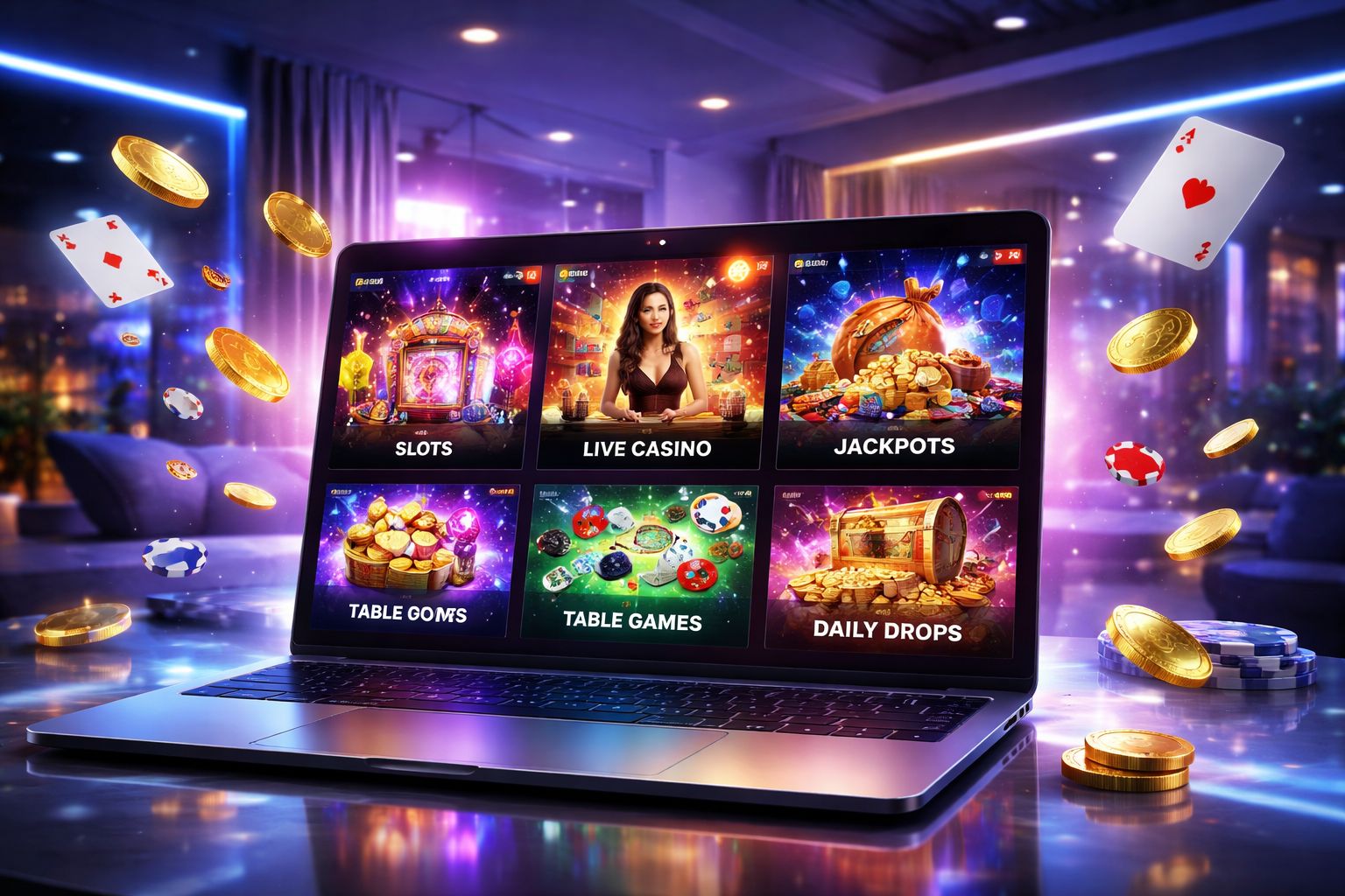 Interfaz moderna de GanamosWin mostrando múltiples categorías de juegos para jugadores en línea en Argentina