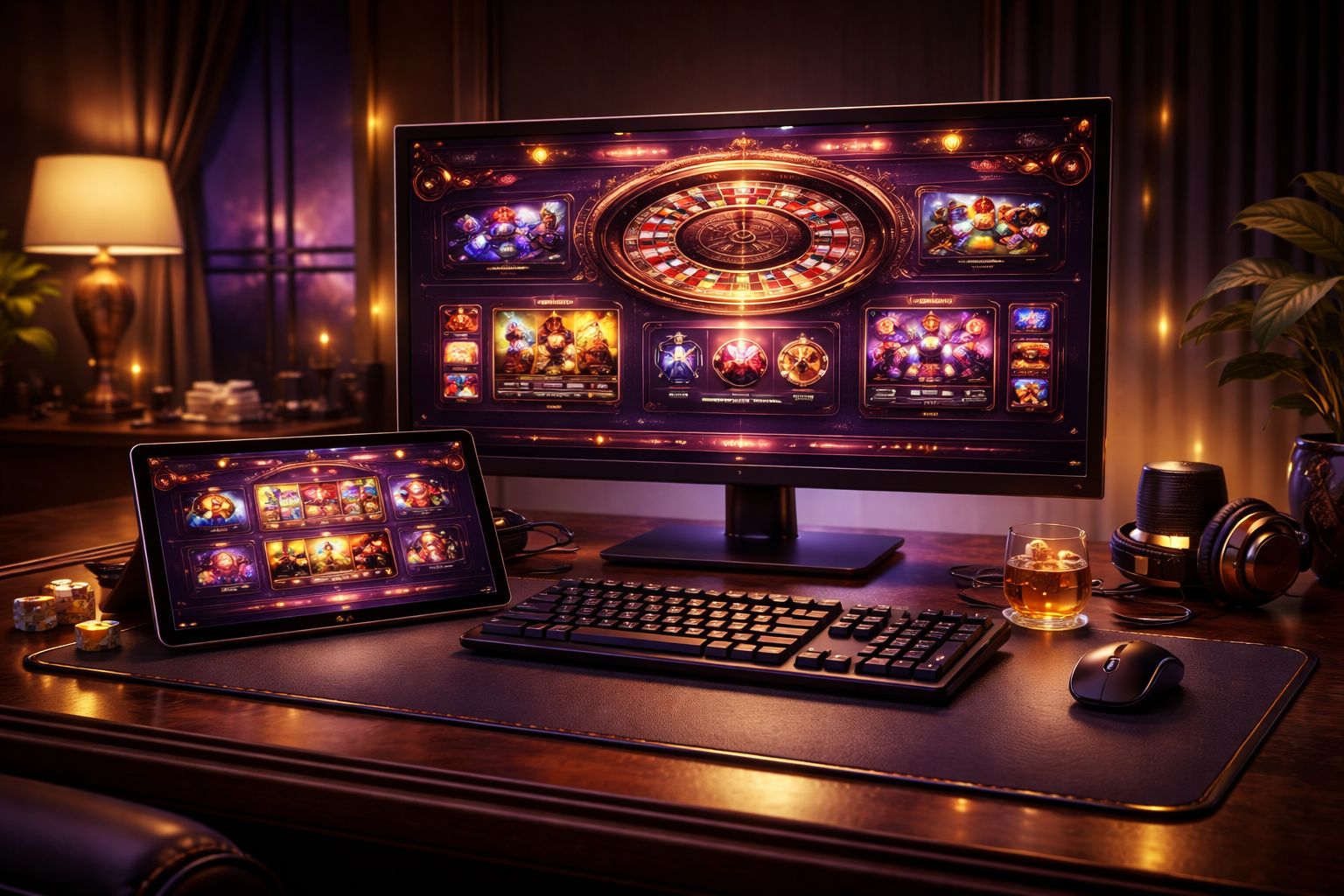 Ambiente elegante de juegos GanamosWin con pantallas brillantes e interfaz pulida estilo casino